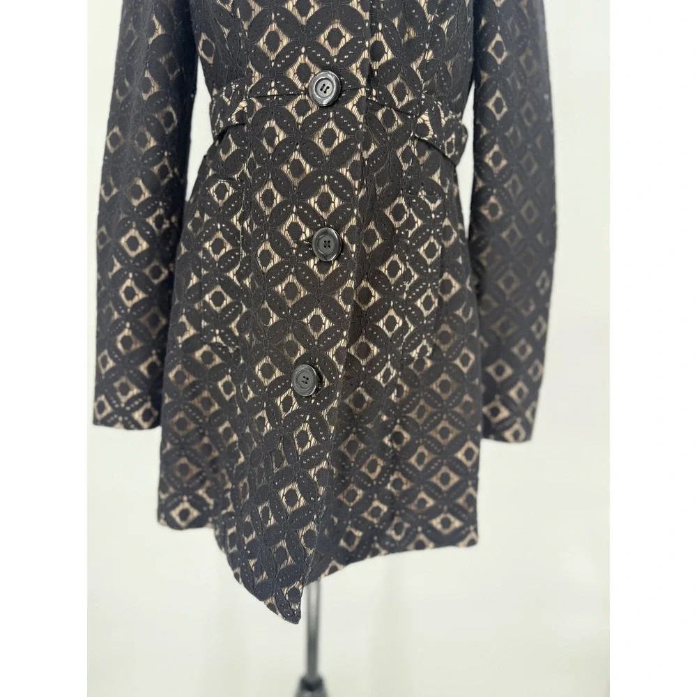 INC‎ Black Cotton Geometric Lace Trench Coat Womens Small Classic Feminine